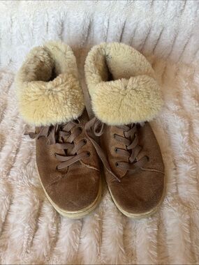 UGG Brown Suede Shearling Fold-Over Ankle Boots
